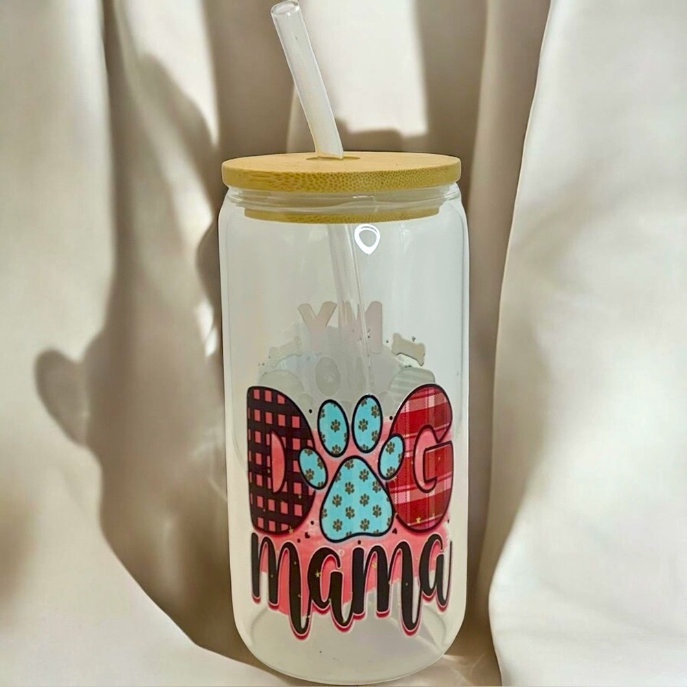 Dog-Themed ‘My Dog Thinks I’m Awesome’ ‘Dog Mama’ Glass Tumbler with straw